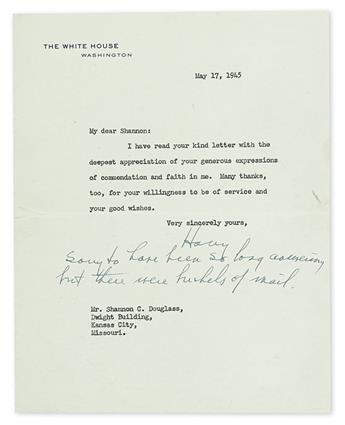 TRUMAN, HARRY S. Archive of 27 Typed Letters Signed, Harry or in full, including 12 as President, a few with brief holograph postscri